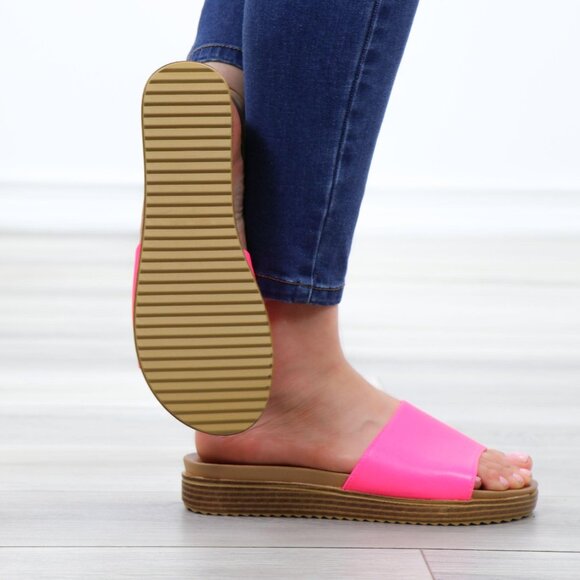 Neon Pink Faux Leather Slip On Comfort Sandal - Picture 3 of 13